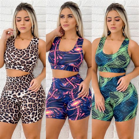 Shopee Roupa De Academia Feminina - Roupa De Academia Moda Feminina 5 Conjuntos Fitness Estampados Shorts ...