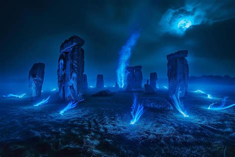 Enigmatic glowing blue flames encircling an ancient stone circle under