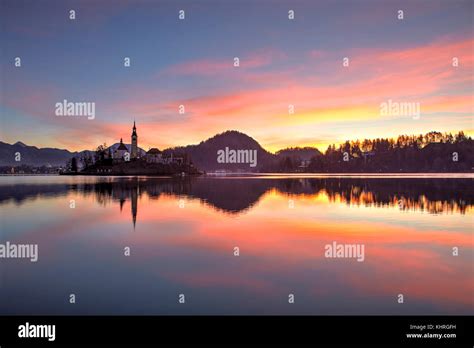 Lake Bled and the small island in the middle at sunrise, Bled, Slovenia ...