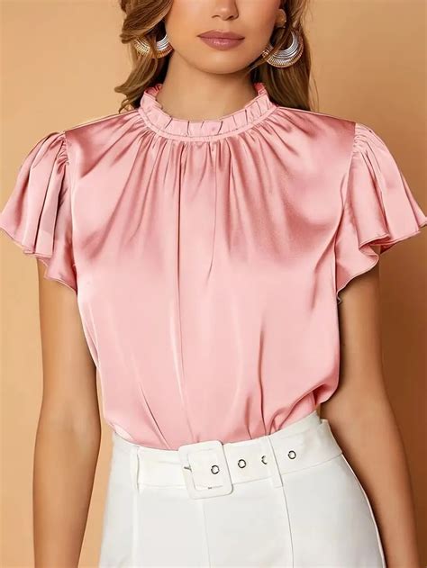solid butterfly sleeve plicated detail blouse elegant temu clothes