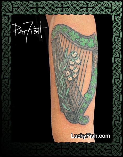 Celtic Harp with Shamrocks and Bog Rosemary Tattoo Design — LuckyFish, Inc. and Tattoo Santa Barbara