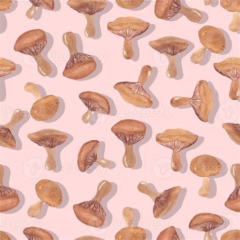 autumn watercolor mushrooms with wavy cap seamless pattern isolated