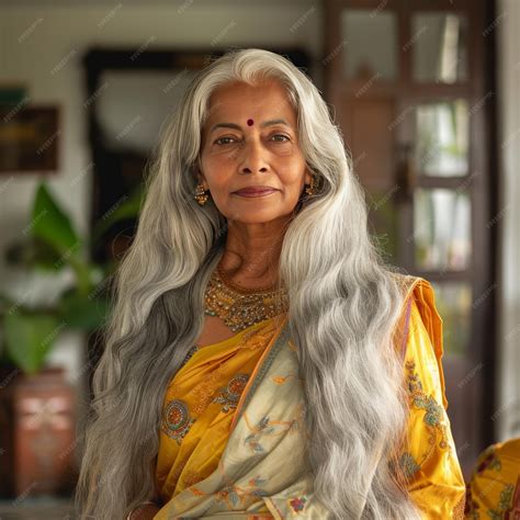 Portrait of a beautiful mature Indian woman with long wavy hair