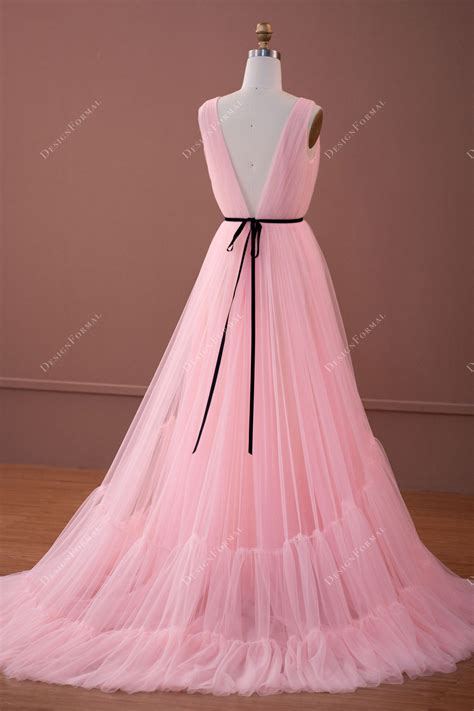 Baby Pink Pleated Tiered Tulle A-line Formal Prom Dress – DesignFormal