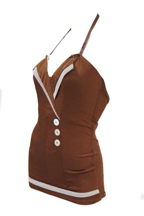 1950s Chocolate Brown Faux Wrap One Piece Sweetheart Swimsuit