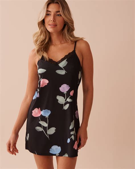 Recycled Fibers Tulip Print Lace Trim Nightie - Black/Pastel Tulips