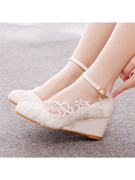 Round Toe Lace Ankle Strap Wedge Heel Wedding Shoes – BABARONI