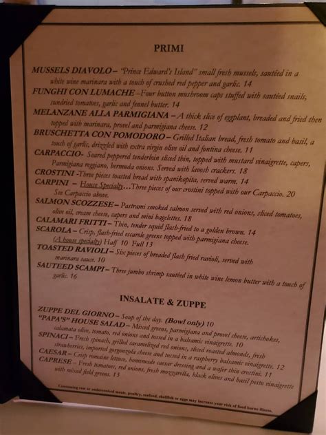 Menu at Frank Papa's Ristorante restaurant, Brentwood