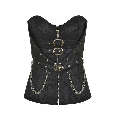 Black Leather Front Steampunk Chain Corset Women Sexy Gothic Corsets