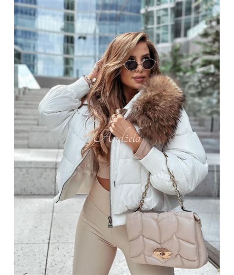 Късо дамско яке с гъши пух и естесвена яка в бяло| Valenti fashion ...