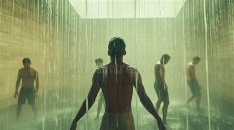 A Group of Men Standing in a Shower with Water Spraying, AI Stock