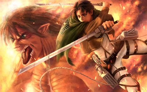 Download Titan Eren Yeager Fighting With Levi Wallpaper | Wallpapers.com