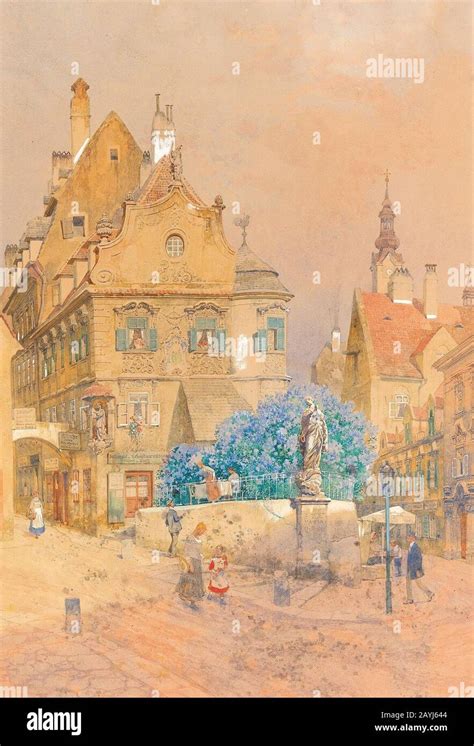 Franz Kopallik - A corner of a street with a lilac bush and the statue ...