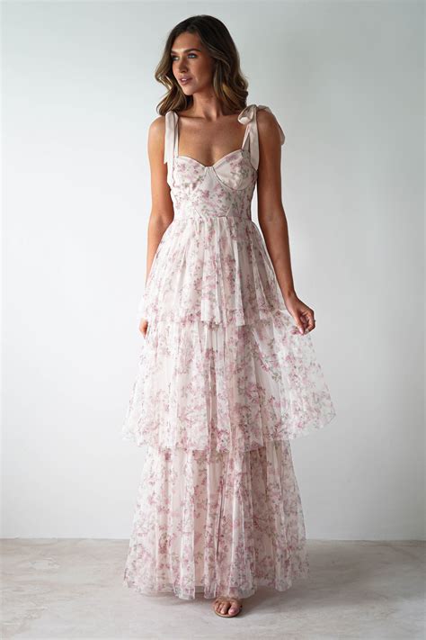 Maribella Tulle Floral Maxi Dress | Cream - L (12) | Pink maxi dress