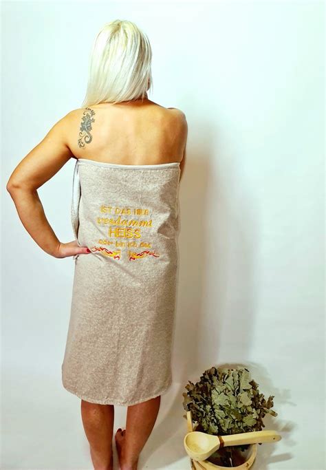 Natural terry sauna dress, wrap with embroidery - Sauna hats