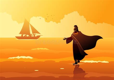 Прогулка Иисуса на воде и Peter; Иллюстрация рассказа библии ...