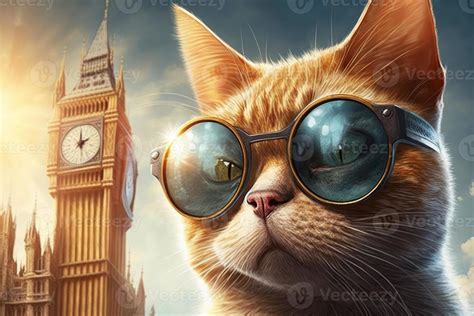 cute cat in travelling near big ben with fancy sun glasses cool image ...