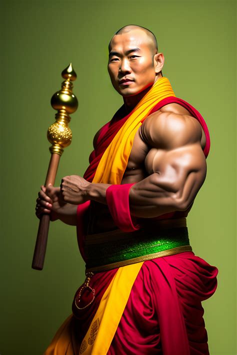 Lexica - Asian monk with bulging muscles and green and gold cloth pants