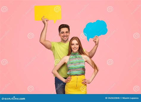 Stylish Young Couple with Speech Bubbles Stock Photo - Image of share ...