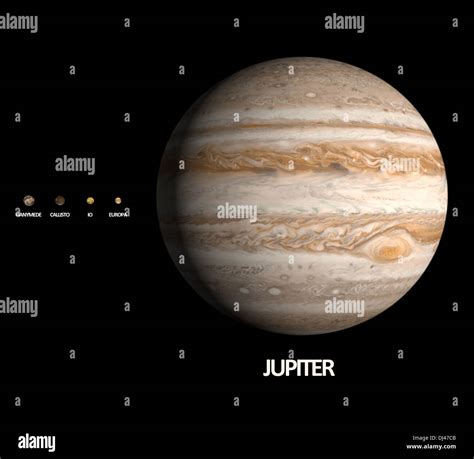 A rendered size comparison of the planet Jupiter and it's moons Ganymede, Callisto, Europa and ...