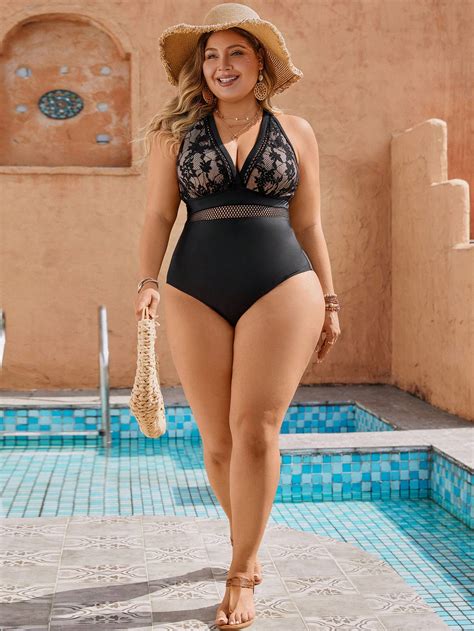 SHEIN Swim Lushore Plus Size Lace Splicing Backless One-Piece Swimsuit