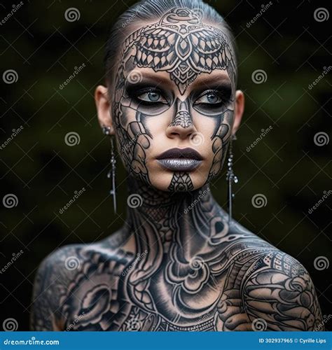 AI-Generated Portrait of a Young Woman with Fully Tattooed Face Stock