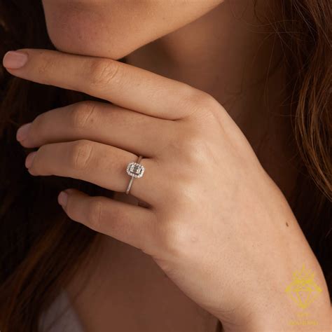 Halo Emerald Cut Engagement Ring for Women /solid Gold Emerald Cut