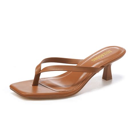 LULLASONG Women's Brown Kitten Heels Thong Sandals Square Open Toe Flip