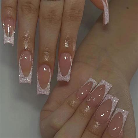 White French Tip Fake Nails Long Square Press on Nails with Glue on