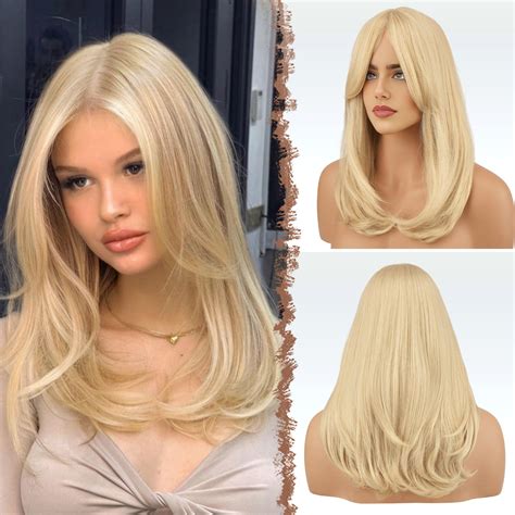 FESHFEN Blonde Wigs with Bangs, Synthetic Natural Looking Light Blonde