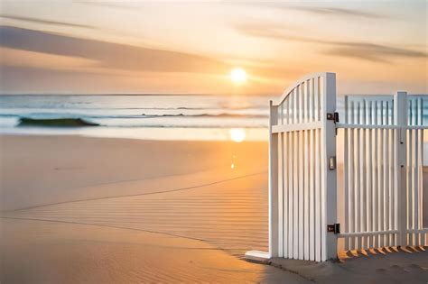 premium photo  white gate   beach   sun setting