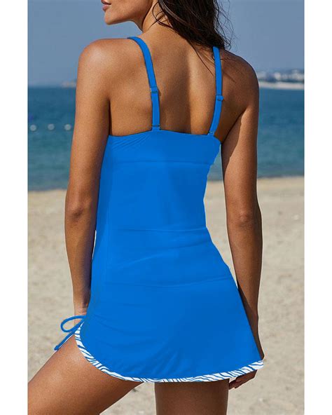 Sky Blue Fiery Tribal Floral Print Lace Up One Piece Swimsuit - XL
