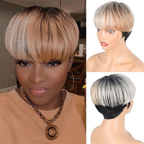 Short Pixie Cut Wigs with Bangs for Women,Ombre Grey Bob Wigs Brown ...