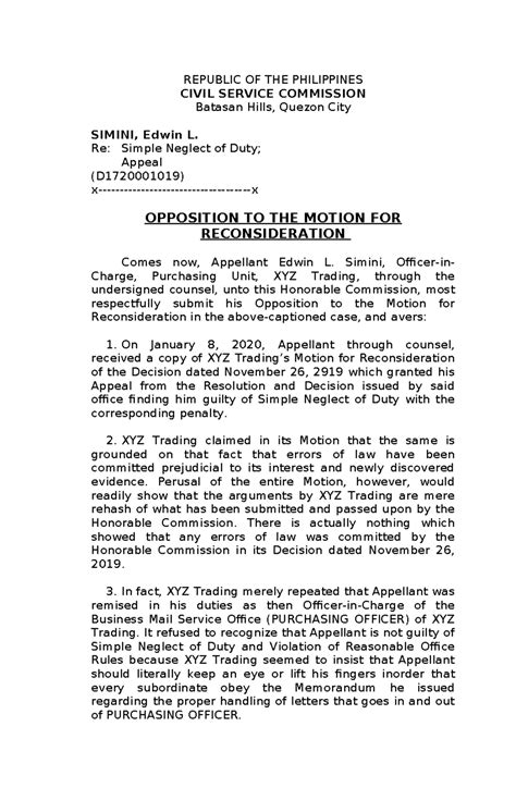 Opposition to the motion for reconsideration - REPUBLIC OF THE