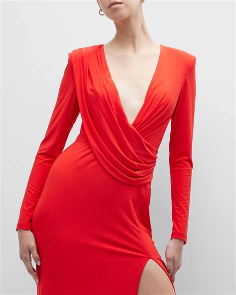 Aidan by Aidan Mattox Draped Deep V-Neck Gown | Neiman Marcus
