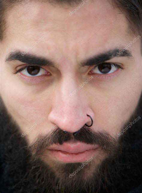 Nose piercing men | Man face with beard and nose piercing — Stock Photo ...