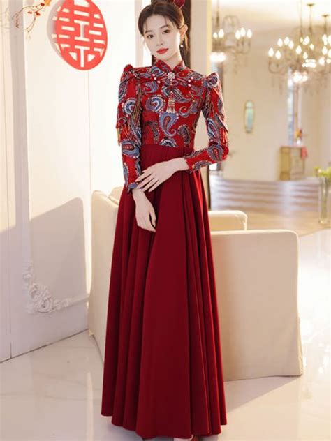 chinese style wine red wedding cheongsam dress weqipao