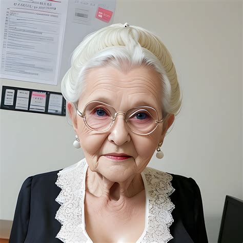 85 year old granny cleavage white updo hair office work, lace satin