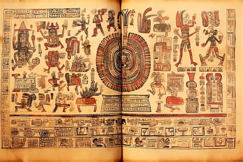 Escrita Dos Astecas - Página do Codex com escrita pictórica asteca e ilustrações ilustrando ...