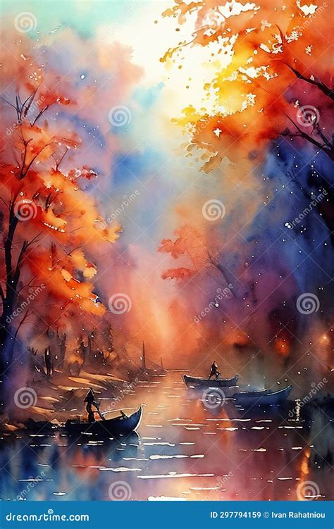 Colorful Illustration of a River. Watercolor Drawing Stock Illustration ...