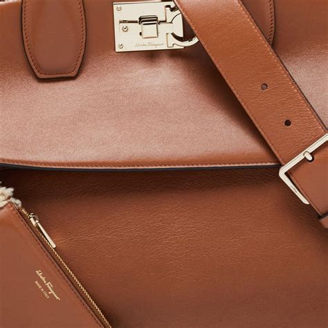 salvatore ferragamo brown leather  shearling  studio top handle
