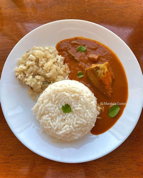 mangalorean meal plate mackerel fish curry radish stir fry