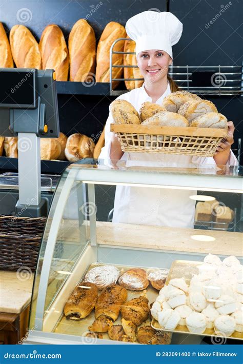 Bakery Female Employee with Tasty Stock Photo - Image of bakery, smile ...