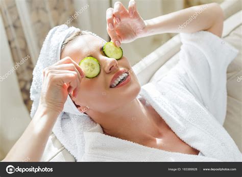 Woman Relaxing Cucumber Slices Eyes — Stock Photo © AllaSerebrina ...