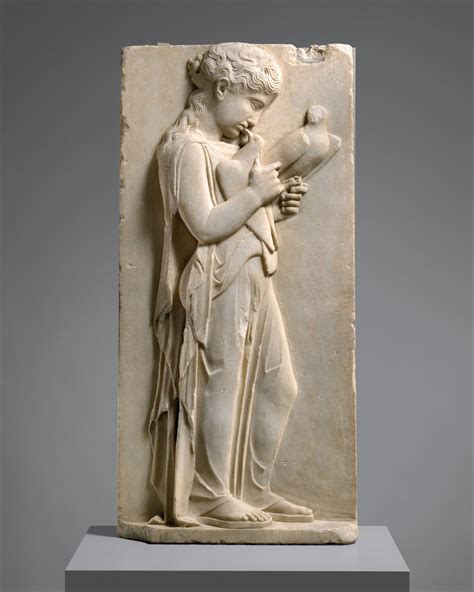Marble grave stele of a little girl bidding farewell to her pet doves