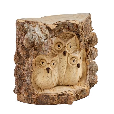 Natural wood owl & owlet either side in tree trunk - Java Art