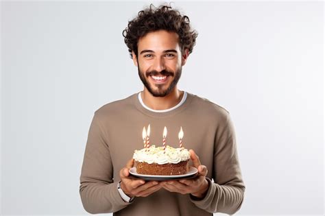 Premium AI Image | Happy beautiful man holding birthday cake with candles isolated on clean ...