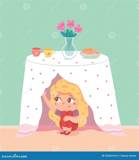 Little Girl Hiding Under Table in Kitchen. Playing Hide and Seek with