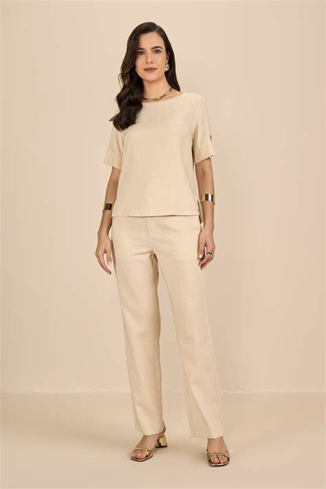 Conjunto De Calça E Blusa De Viscose - conjunto viscose blusa manga curta e calça reta com cós de elástico ...
