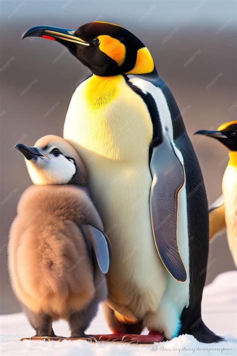 Premium AI Image | Hungry Emperor Penguin chick between Parents